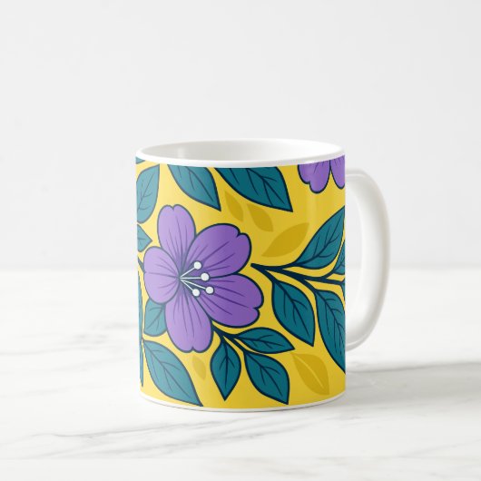 Purple Flowers & Teal Leaves on Yellow Background Kaffeetasse (VorderseiteRechts)