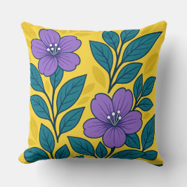 Purple Flowers & Teal Leaves on Yellow Background Kissen
