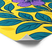 Purple Flowers & Teal Leaves on Yellow Background Poster (Ecke)