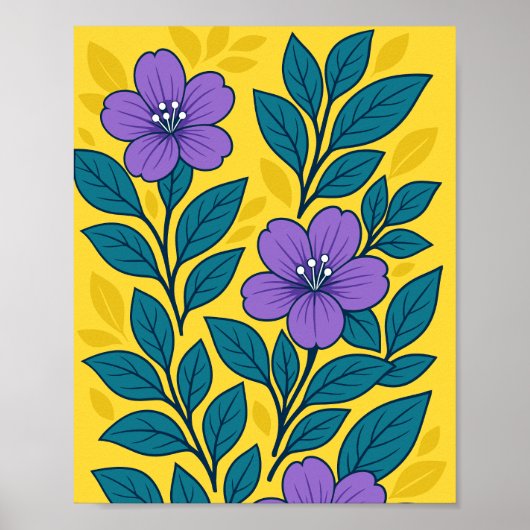 Purple Flowers & Teal Leaves on Yellow Background Poster (Vorne)