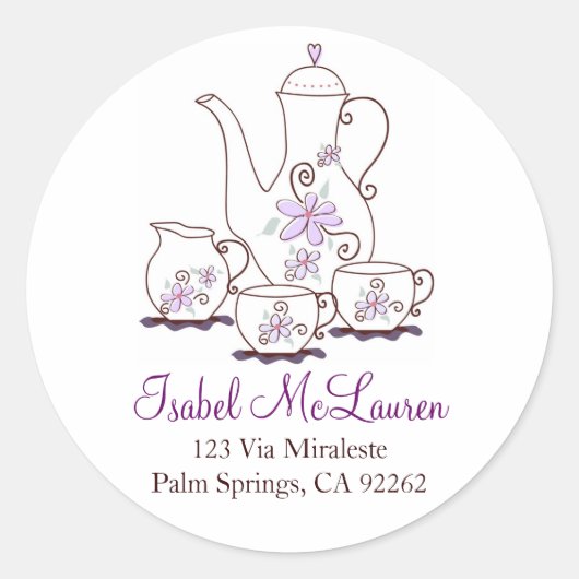 Purple Flowers Tee Set Address Labels Runder Aufkleber (Vorderseite)