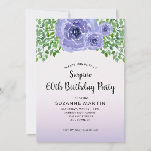 Purple Flowers Überraschung 60. Geburtstag Einladung (Vorderseite)