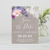 Purple Flowers und Lace Save the Date Card (Stehend Vorderseite)