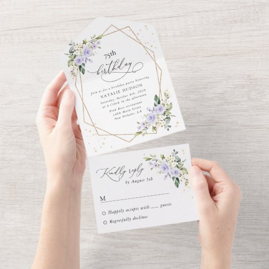 Purple Flowers, White Flowers, Greenery, Birthday All In One Einladung (Abreißen)