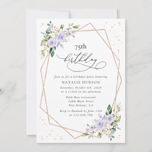 Purple Flowers, White Flowers, Greenery, Birthday Einladung (Vorderseite)