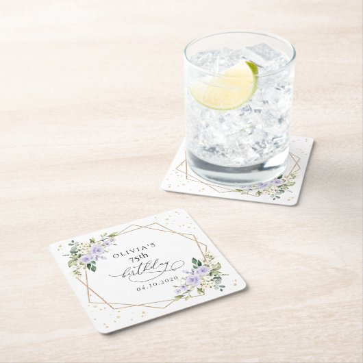 Purple Flowers, White Flowers, Greenery, Birthday Rechteckiger Pappuntersetzer (Vor Ort)