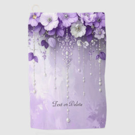 Purple Flowers with Dangling Pearls Golf Towel Golfhandtuch