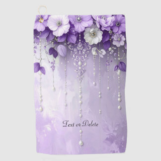 Purple Flowers with Dangling Pearls Golf Towel Golfhandtuch