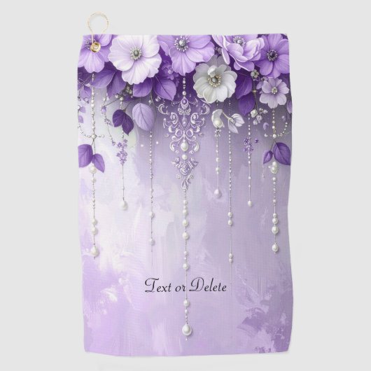 Purple Flowers with Dangling Pearls Golf Towel Golfhandtuch (Vorderseite)