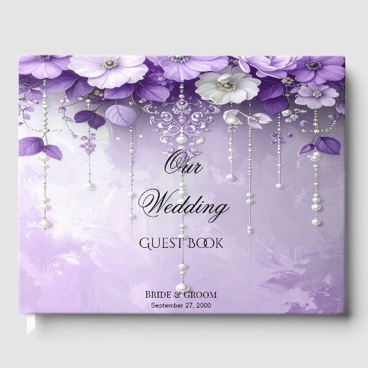 Purple Flowers with Dangling Pearls Guest Book Gästebuch (Vorderseite)