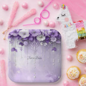 Purple Flowers with Dangling Pearls Paper Plate Pappteller (Party)