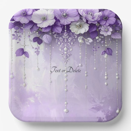 Purple Flowers with Dangling Pearls Paper Plate Pappteller (Vorderseite)
