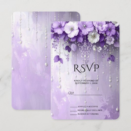 Purple Flowers with Dangling Pearls RSVP Card Karte (Vorne/Hinten)