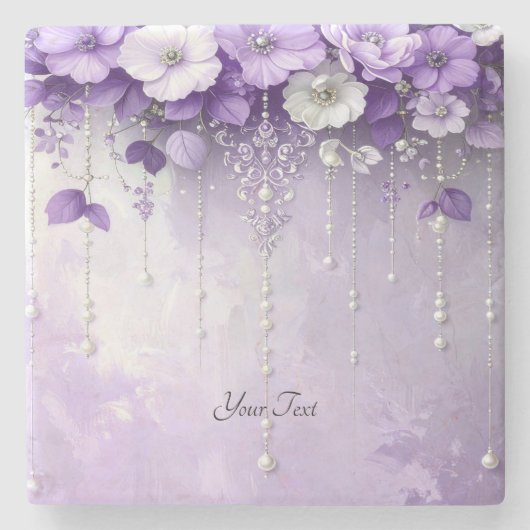 Purple Flowers with Dangling Pearls Stone Coaster Steinuntersetzer (Vorderseite)