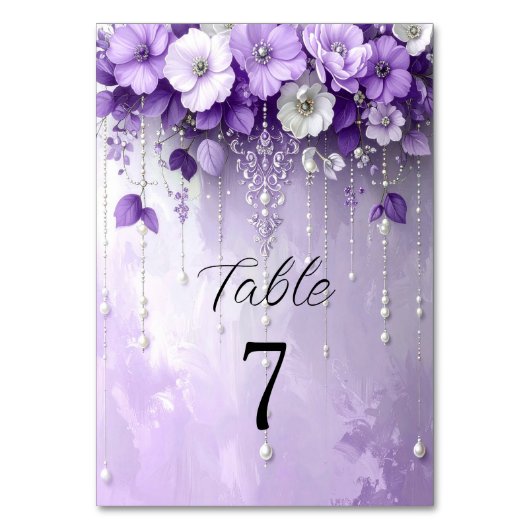 Purple Flowers with Dangling Pearls Table Number Tischnummer (Vorderseite)