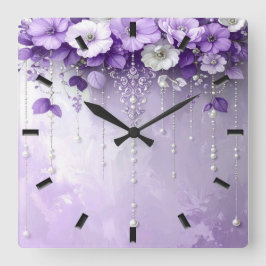 Purple Flowers with Dangling Pearls Wall Clock Quadratische Wanduhr