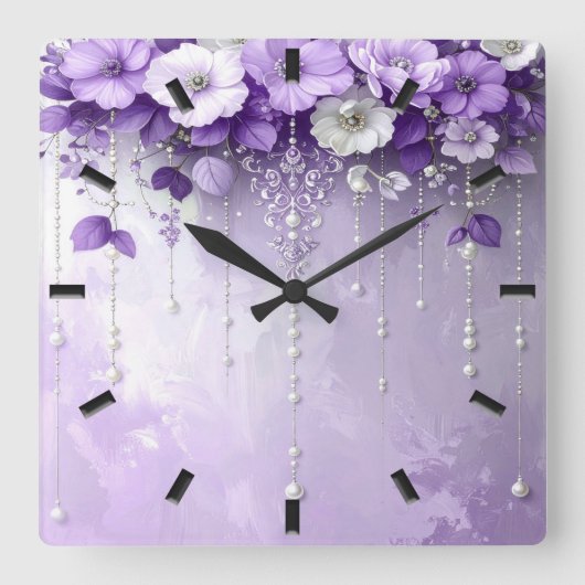 Purple Flowers with Dangling Pearls Wall Clock Quadratische Wanduhr (Vorderseite)