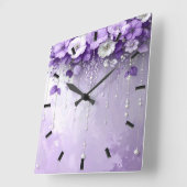 Purple Flowers with Dangling Pearls Wall Clock Quadratische Wanduhr (Winkel)