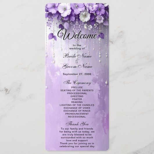 Purple Flowers with Dangling Pearls Wedding Programm (Vorderseite)