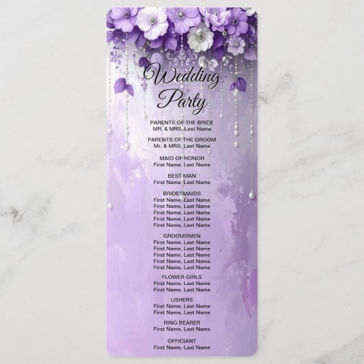 Purple Flowers with Dangling Pearls Wedding Programm (Rückseite)