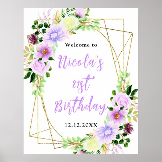 Purple Flowers with Foliage Birthday Welcome Poster (Vorne)