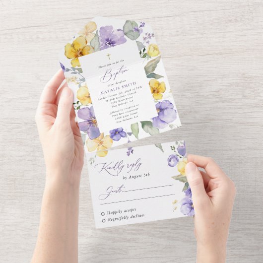 Purple Flowers, Yellow Flowers, Boho, Baptism All In One Einladung (Abreißen)