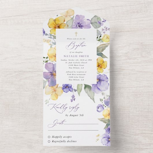 Purple Flowers, Yellow Flowers, Boho, Baptism All In One Einladung (Innen Boden)
