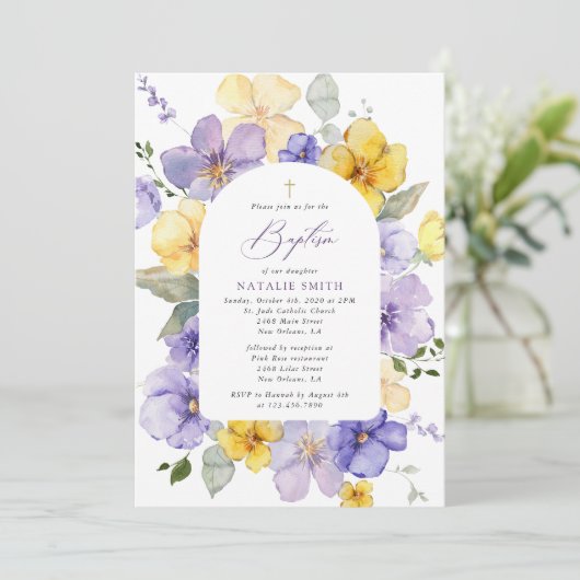 Purple Flowers, Yellow Flowers, Boho, Baptism Einladung (Stehend Vorderseite)