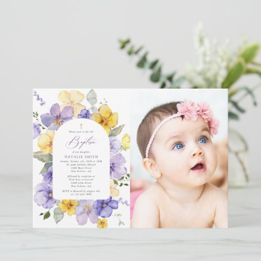 Purple Flowers, Yellow Flowers, Boho, Baptism Einladung (Stehend Vorderseite)