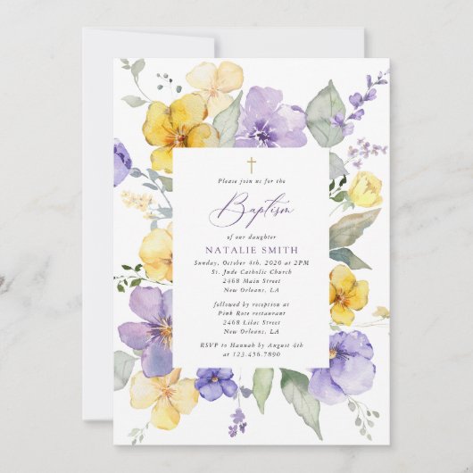 Purple Flowers, Yellow Flowers, Boho, Baptism Einladung (Vorderseite)