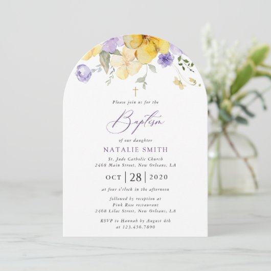 Purple Flowers, Yellow Flowers, Boho, Baptism Einladung (Stehend Vorderseite)