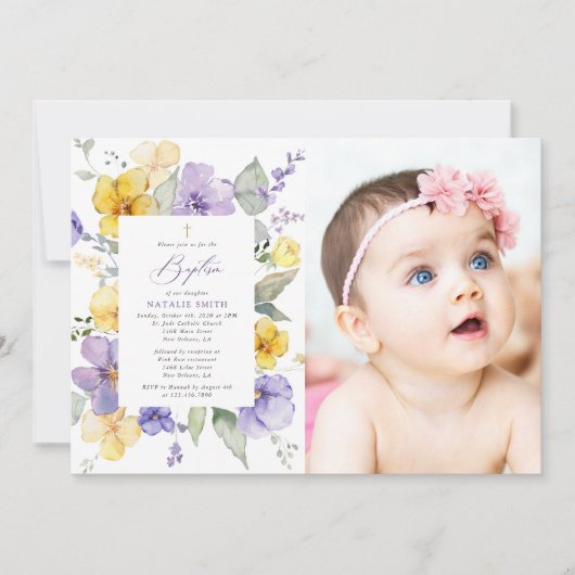 Purple Flowers, Yellow Flowers, Boho, Baptism Einladung (Vorderseite)
