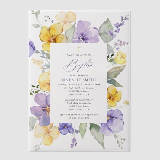 Purple Flowers, Yellow Flowers, Boho, Baptism Pergament Einladungen (Vorderseite)
