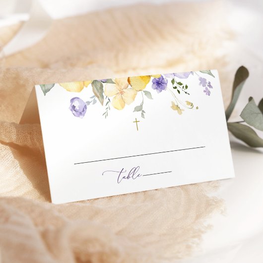 Purple Flowers, Yellow Flowers, Boho, Baptism Platzkarte