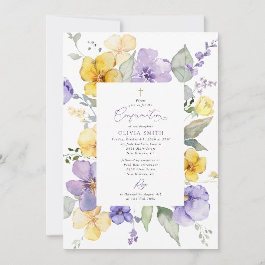 Purple Flowers, Yellow Flowers, Boho, Confirmation Einladung (Vorderseite)