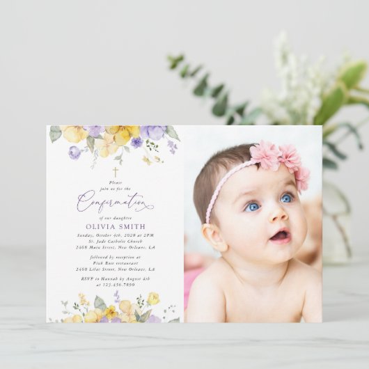 Purple Flowers, Yellow Flowers, Boho, Confirmation Einladung (Stehend Vorderseite)