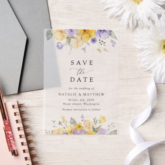 Purple Flowers, Yellow Flowers, Boho Save The Date Pergament Einladungen (Hochzeit)