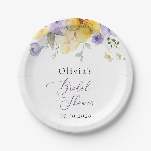 Purple Flowers, Yellow Flowers, Bridal Shower Pappteller (Vorderseite)