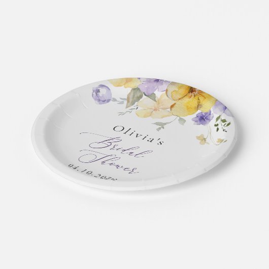 Purple Flowers, Yellow Flowers, Bridal Shower Pappteller (Schrägansicht)