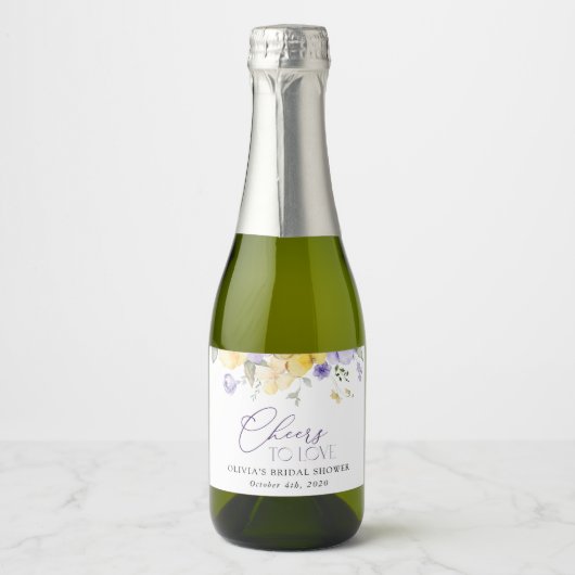 Purple Flowers, Yellow Flowers, Bridal Shower Schaumweinetikett (Vorderseite)