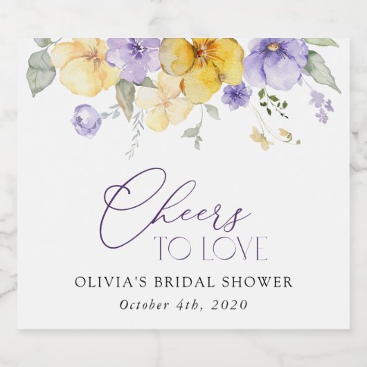 Purple Flowers, Yellow Flowers, Bridal Shower Schaumweinetikett (Einzelnes Label)