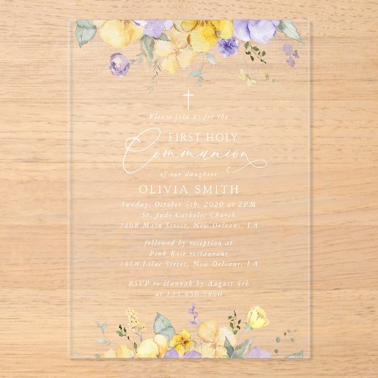 Purple Flowers, Yellow Flowers, First Communion Acryleinladungen (Vorderseite)