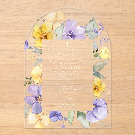 Purple Flowers, Yellow Flowers, First Communion Acryleinladungen (Vorderseite)
