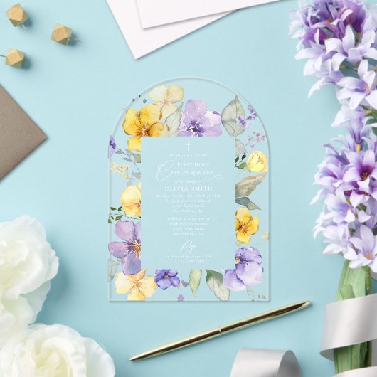 Purple Flowers, Yellow Flowers, First Communion Acryleinladungen (Insitu (Hochzeit))