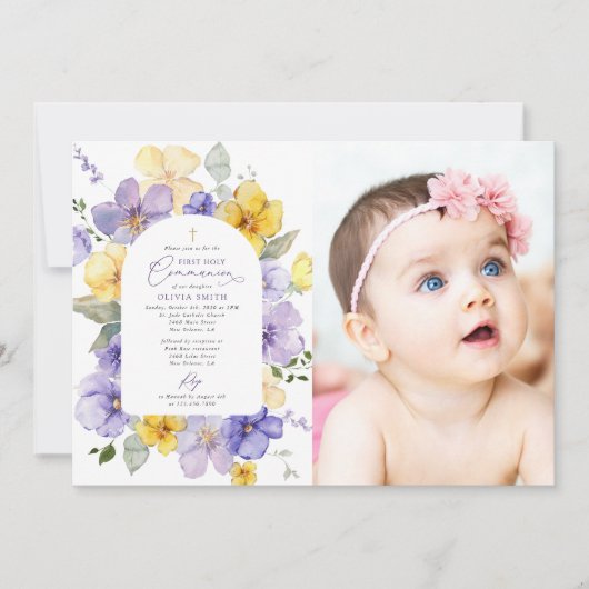 Purple Flowers, Yellow Flowers, First Communion Einladung (Vorderseite)