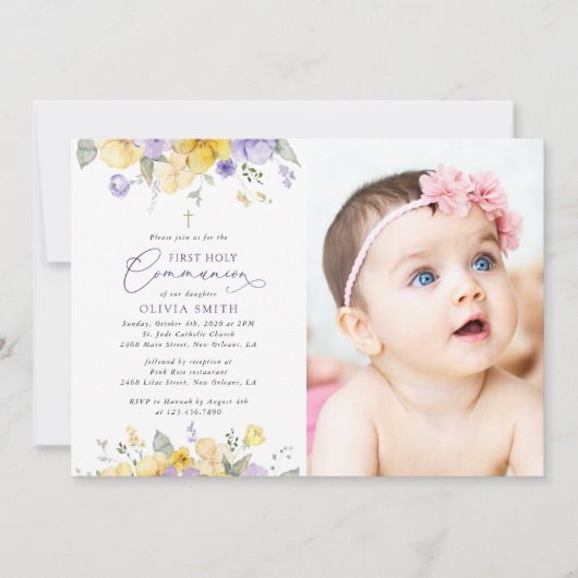 Purple Flowers, Yellow Flowers, First Communion Einladung (Vorderseite)
