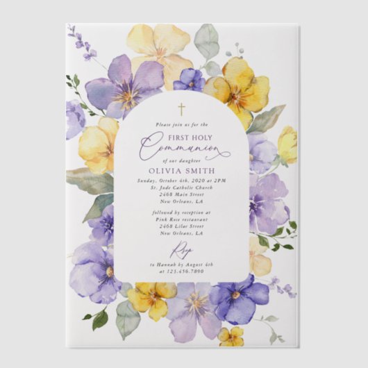 Purple Flowers, Yellow Flowers, First Communion Pergament Einladungen (Vorderseite)