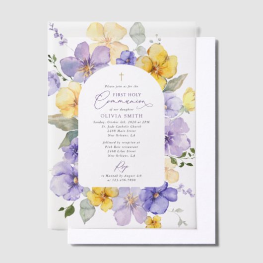 Purple Flowers, Yellow Flowers, First Communion Pergament Einladungen (Versetzt)