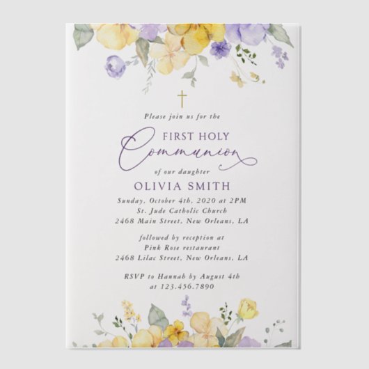 Purple Flowers, Yellow Flowers, First Communion Pergament Einladungen (Vorderseite)