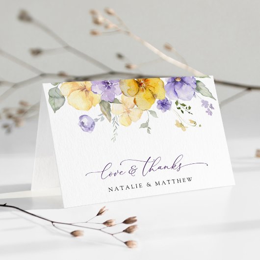 Purple Flowers, Yellow Flowers, Greenery, Wedding Dankeskarte
